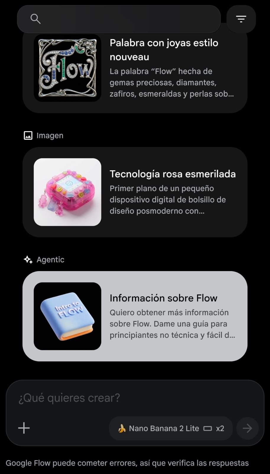Pantalla de Google Flow con ejemplos de creaciones de imagen y agente